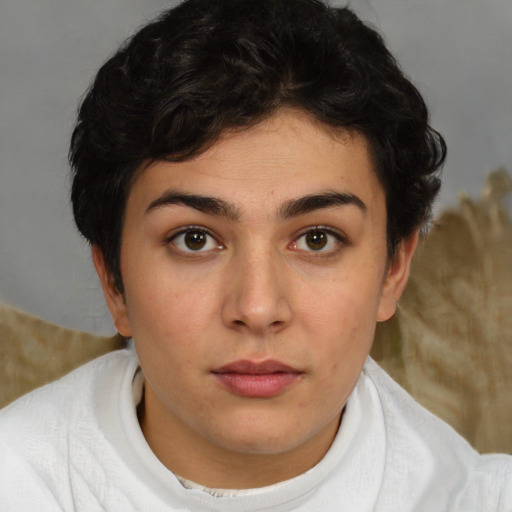 Neutral white young-adult female with short  brown hair and brown eyes