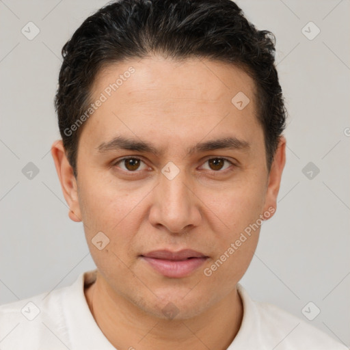 Joyful white adult male with short  brown hair and brown eyes