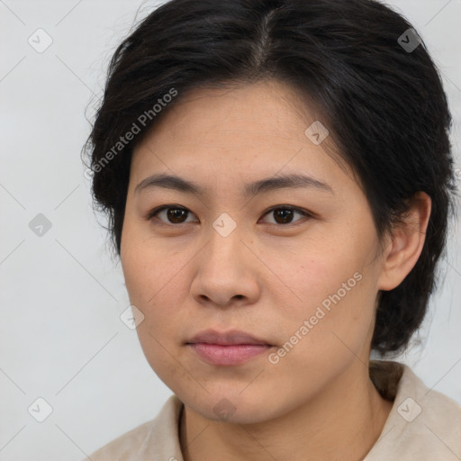 Neutral asian young-adult female with medium  brown hair and brown eyes