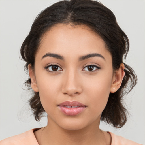 Neutral white young-adult female with medium  brown hair and brown eyes