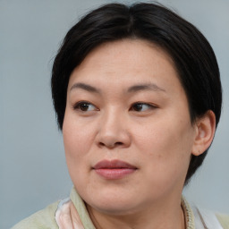 Joyful asian adult female with medium  brown hair and brown eyes