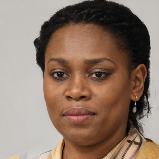 Neutral black young-adult female with short  black hair and brown eyes