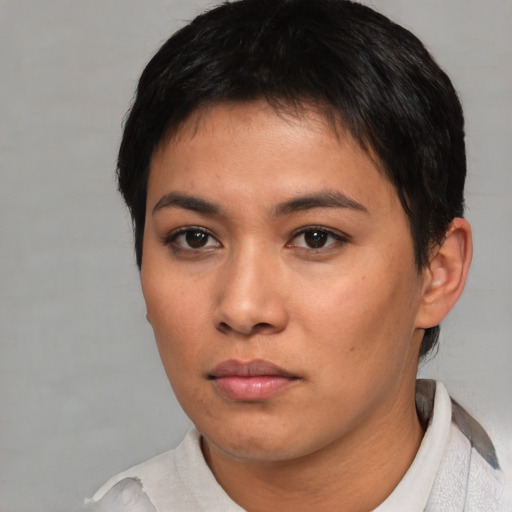 Neutral asian young-adult female with short  brown hair and brown eyes