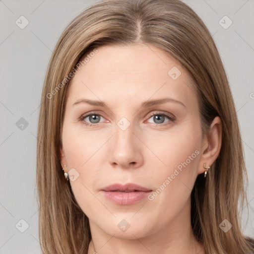 Neutral white young-adult female with long  brown hair and grey eyes