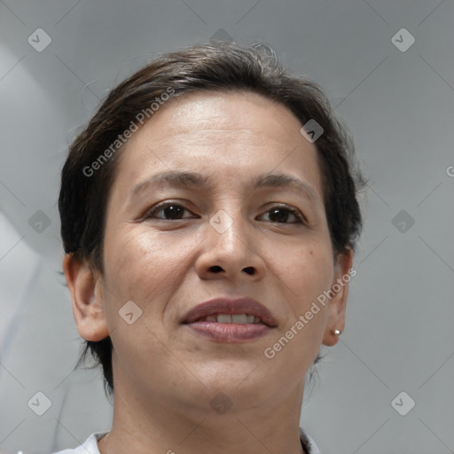 Joyful white adult female with medium  brown hair and brown eyes