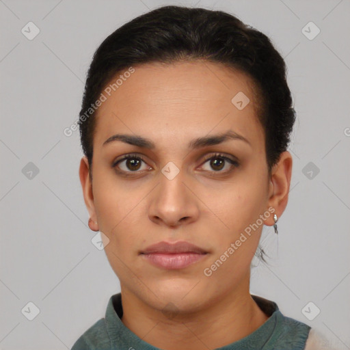 Neutral latino young-adult female with short  black hair and brown eyes