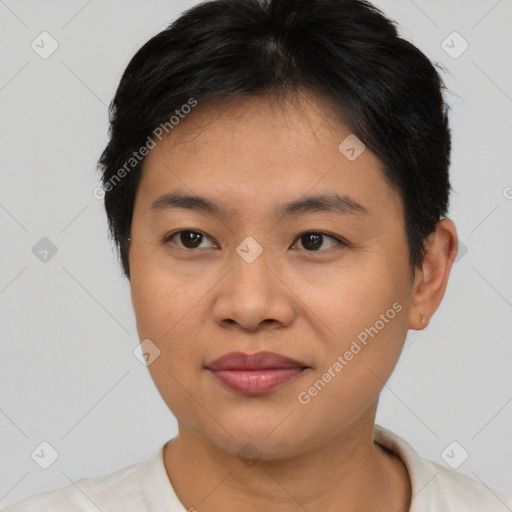 Joyful asian young-adult female with short  brown hair and brown eyes