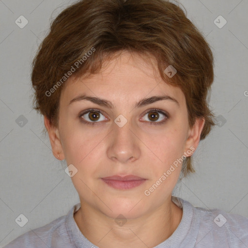 Neutral white young-adult female with short  brown hair and brown eyes