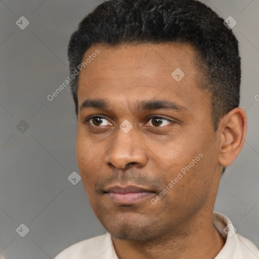 Neutral latino young-adult male with short  black hair and brown eyes