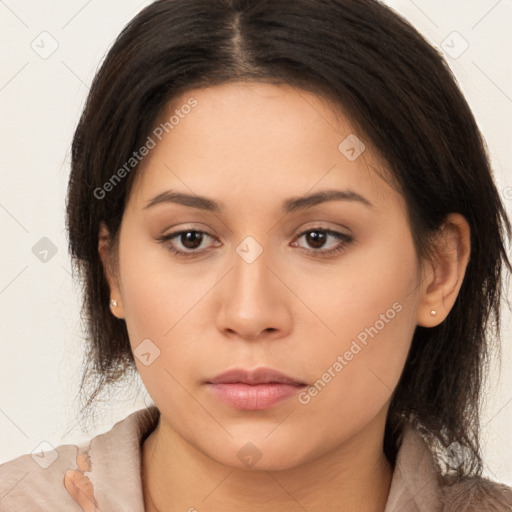 Neutral white young-adult female with medium  brown hair and brown eyes