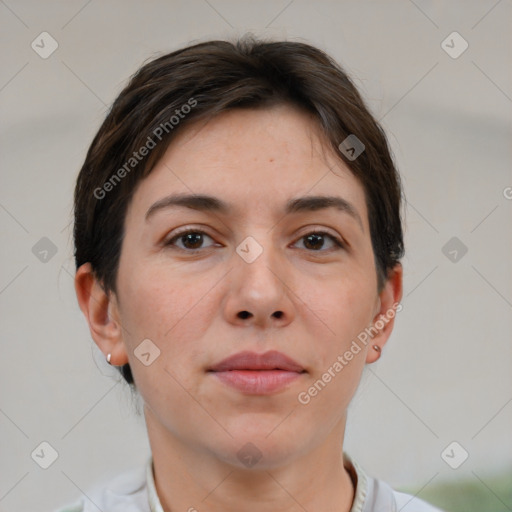 Neutral white young-adult female with short  brown hair and brown eyes