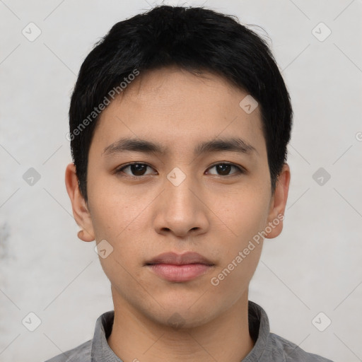 Neutral asian young-adult male with short  black hair and brown eyes