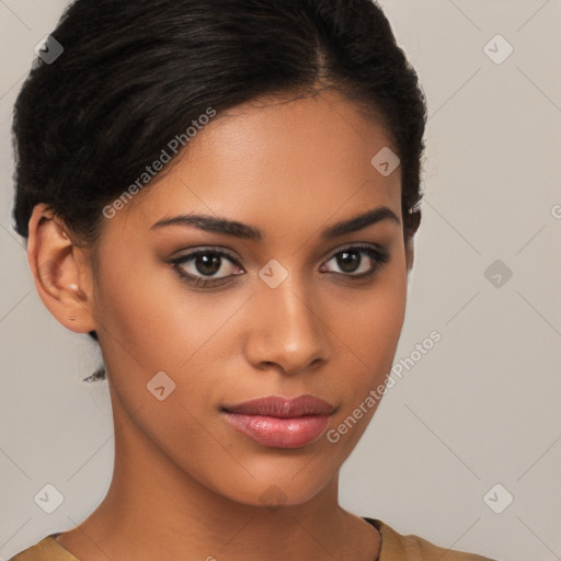 Joyful latino young-adult female with short  brown hair and brown eyes