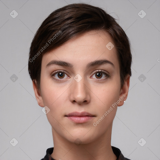 Neutral white young-adult female with short  brown hair and brown eyes