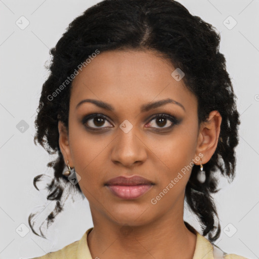 Joyful black young-adult female with medium  brown hair and brown eyes