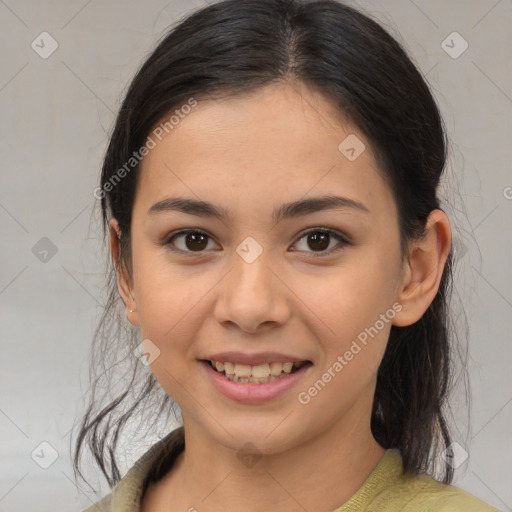 Joyful latino young-adult female with medium  brown hair and brown eyes