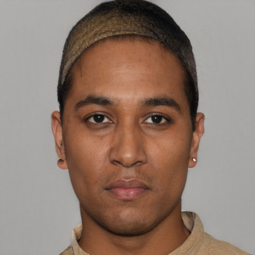 Neutral black young-adult male with short  black hair and brown eyes