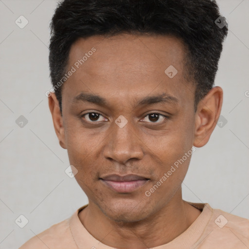 Neutral black young-adult male with short  black hair and brown eyes