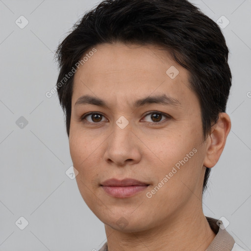 Joyful white adult female with short  brown hair and brown eyes