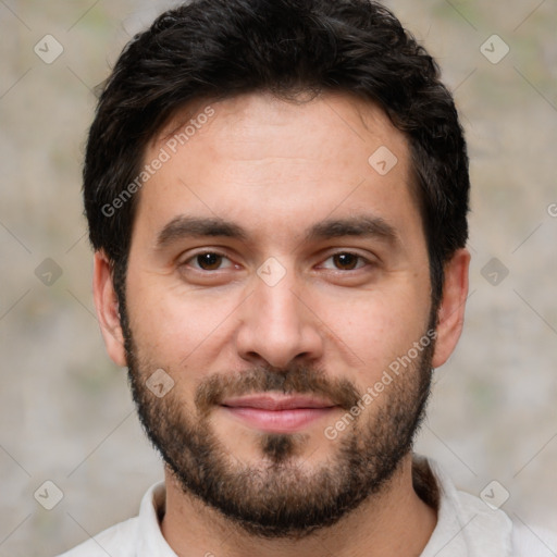 Joyful white young-adult male with short  black hair and brown eyes