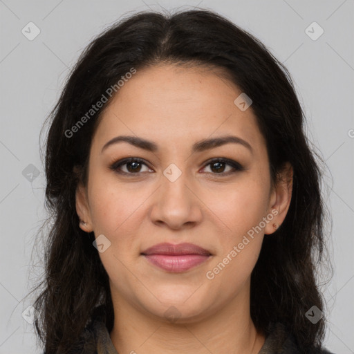 Joyful latino young-adult female with long  brown hair and brown eyes