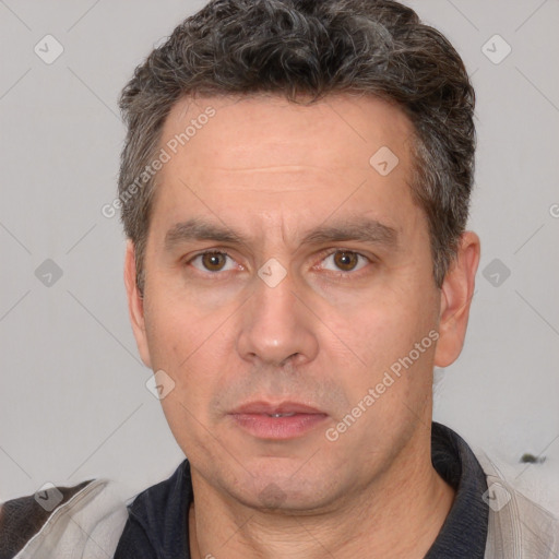 Neutral white adult male with short  brown hair and brown eyes