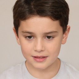 Joyful white child female with short  brown hair and brown eyes