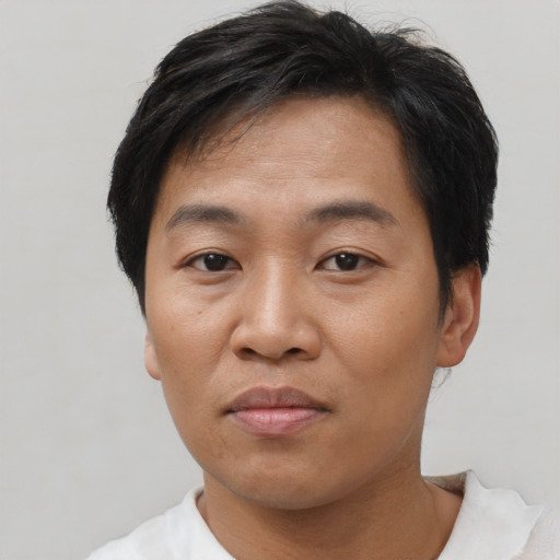 Neutral asian young-adult male with short  black hair and brown eyes