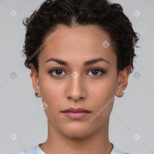 Neutral white young-adult female with short  brown hair and brown eyes