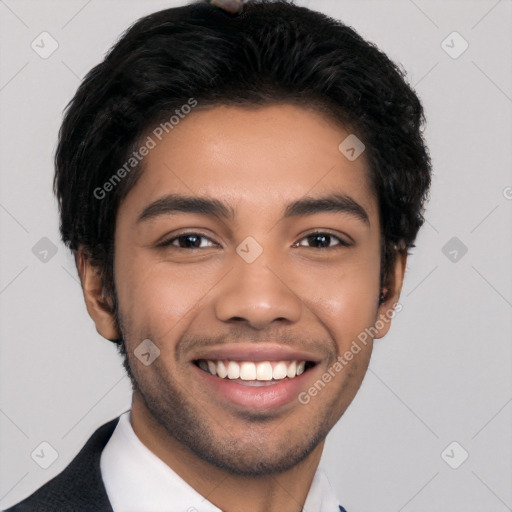 Joyful latino young-adult male with short  black hair and brown eyes