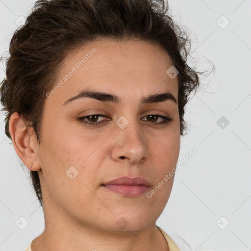 Neutral white young-adult female with short  brown hair and brown eyes