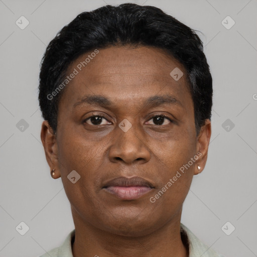 Neutral black adult male with short  brown hair and brown eyes