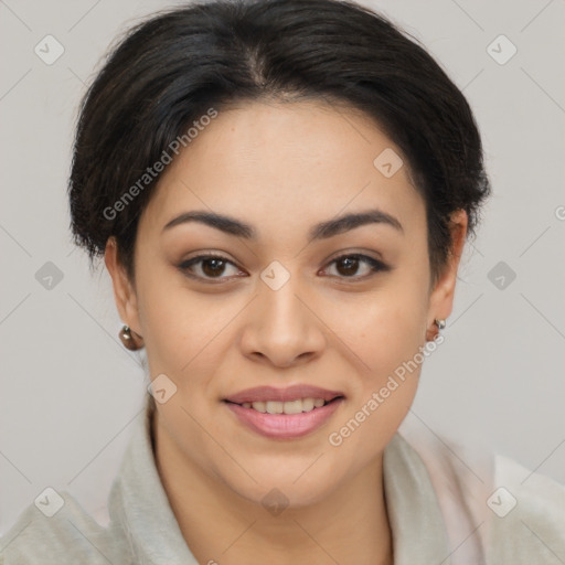 Joyful asian young-adult female with short  brown hair and brown eyes