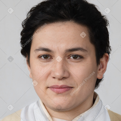 Joyful white adult female with short  brown hair and brown eyes