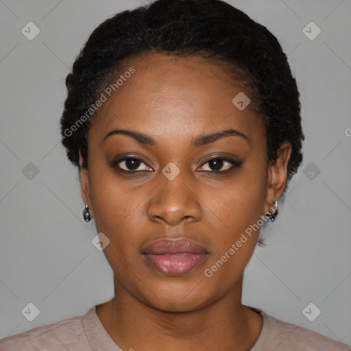 Neutral black young-adult female with short  black hair and brown eyes