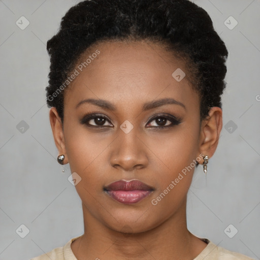 Neutral black young-adult female with short  black hair and brown eyes