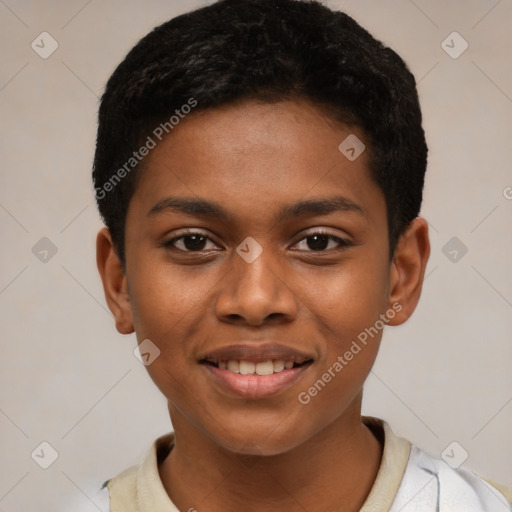 Joyful latino young-adult female with short  black hair and brown eyes