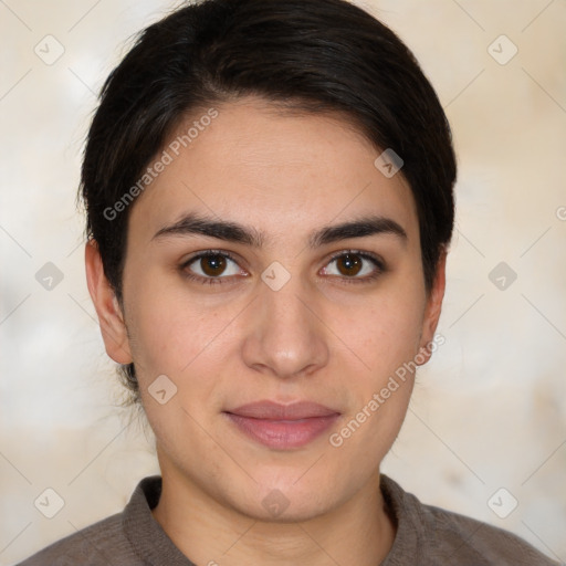 Joyful white young-adult female with short  brown hair and brown eyes