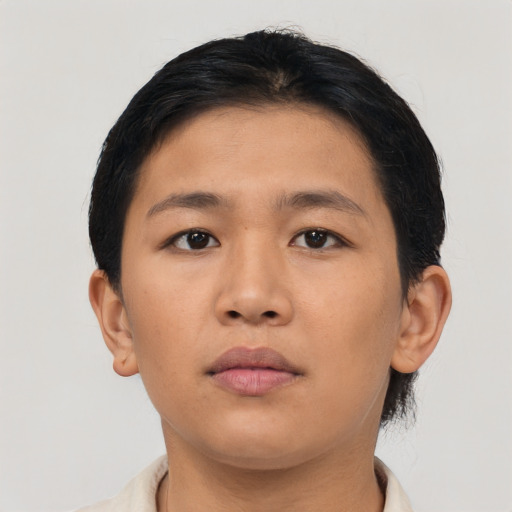 Neutral asian young-adult female with short  brown hair and brown eyes