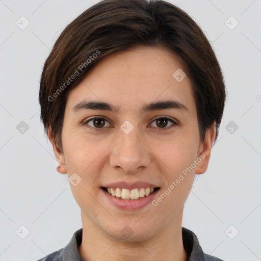 Joyful white young-adult female with short  brown hair and brown eyes