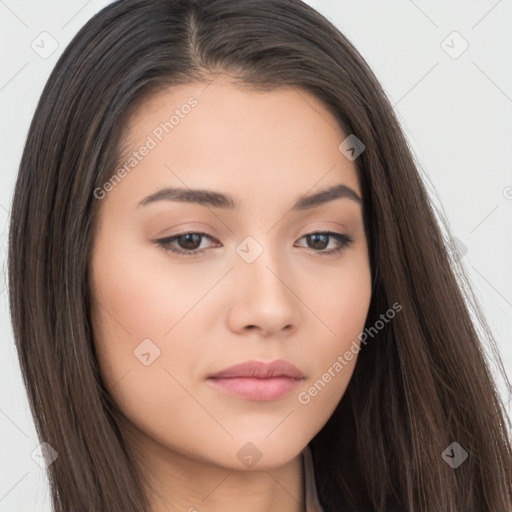 Neutral white young-adult female with long  brown hair and brown eyes