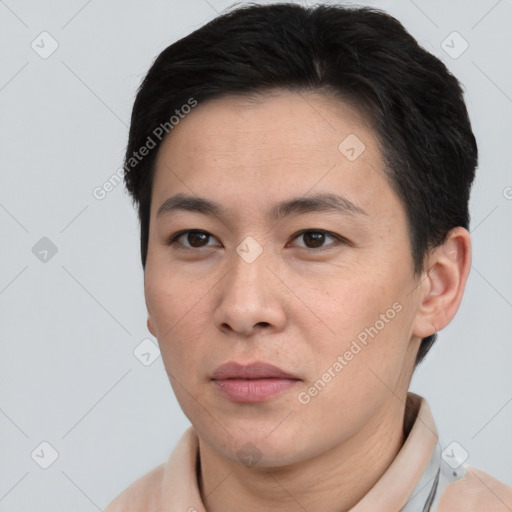 Neutral white adult male with short  black hair and brown eyes