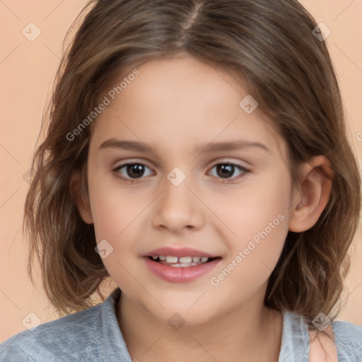 Joyful white child female with medium  brown hair and brown eyes