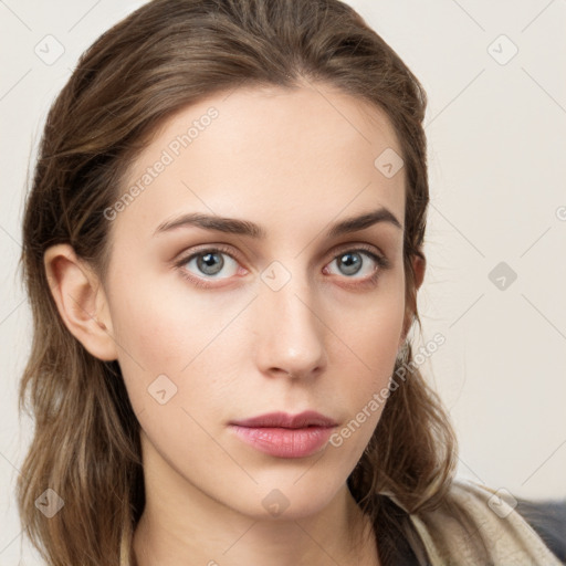 Neutral white young-adult female with long  brown hair and grey eyes