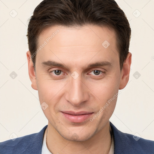 Joyful white young-adult male with short  brown hair and brown eyes