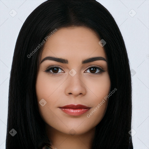 Neutral latino young-adult female with long  black hair and brown eyes