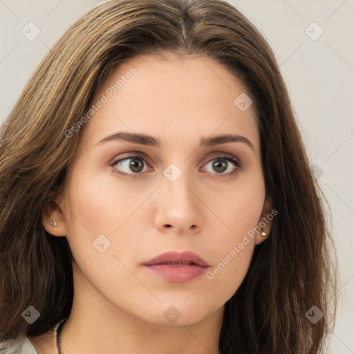 Neutral white young-adult female with long  brown hair and brown eyes