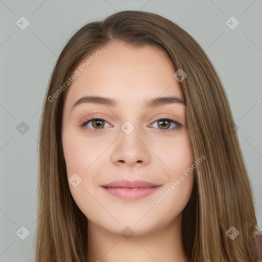 Neutral white young-adult female with long  brown hair and brown eyes