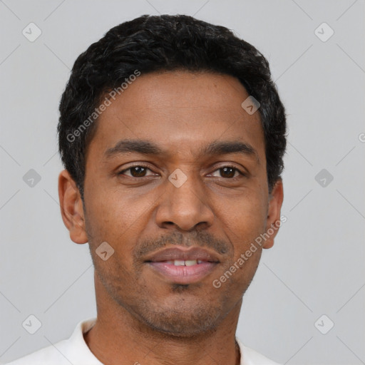 Neutral latino young-adult male with short  black hair and brown eyes