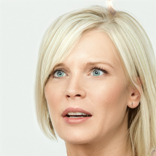 Joyful white young-adult female with long  blond hair and blue eyes